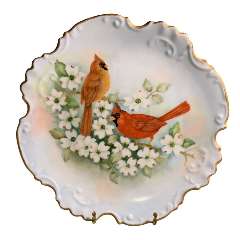 Hand Painted Porcelain CARDINALS Plate Wall Hanging 8” Signed C. FRISBEE Vintage